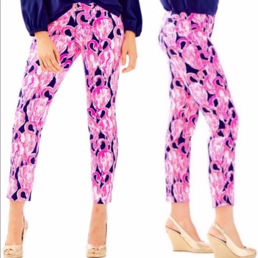Lilly Pulitzer Kelly Skinny Ankle Pant High Tide Navy Via Amor Flamingo Print